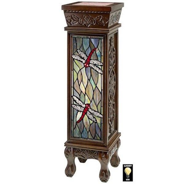 Dragonfly Stained Glass Lighted Pedestal Ornate Column Wood Crafted